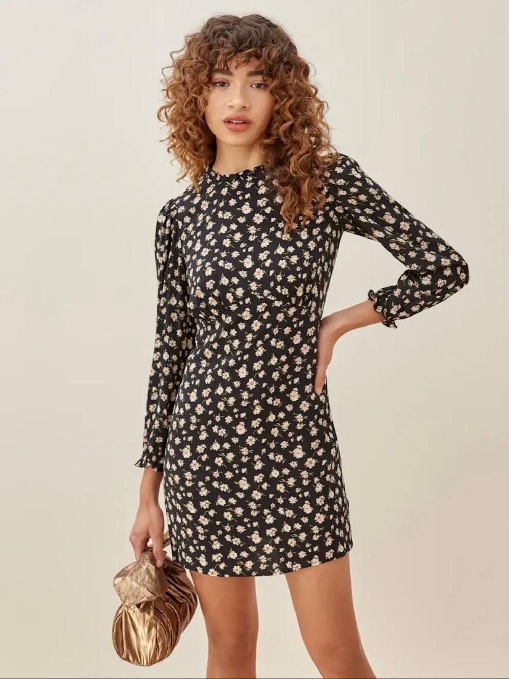 Reformation Leora Black Floral Ruffle High Neck Long Sleeve Mini Dress 6